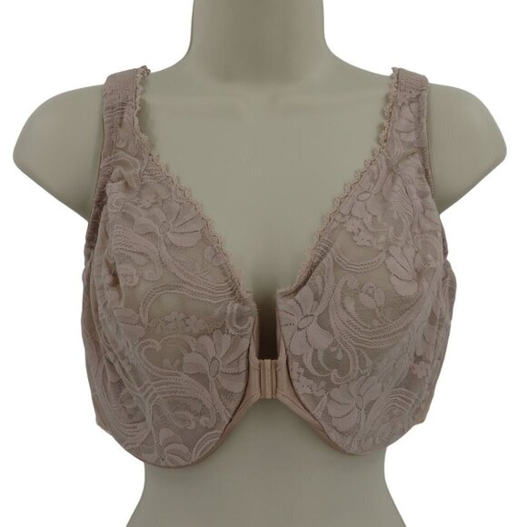 Glamorise 38F Bra WonderWire Front Closure Beige Flower Lace Underwire Unlined - Picture 1 of 13